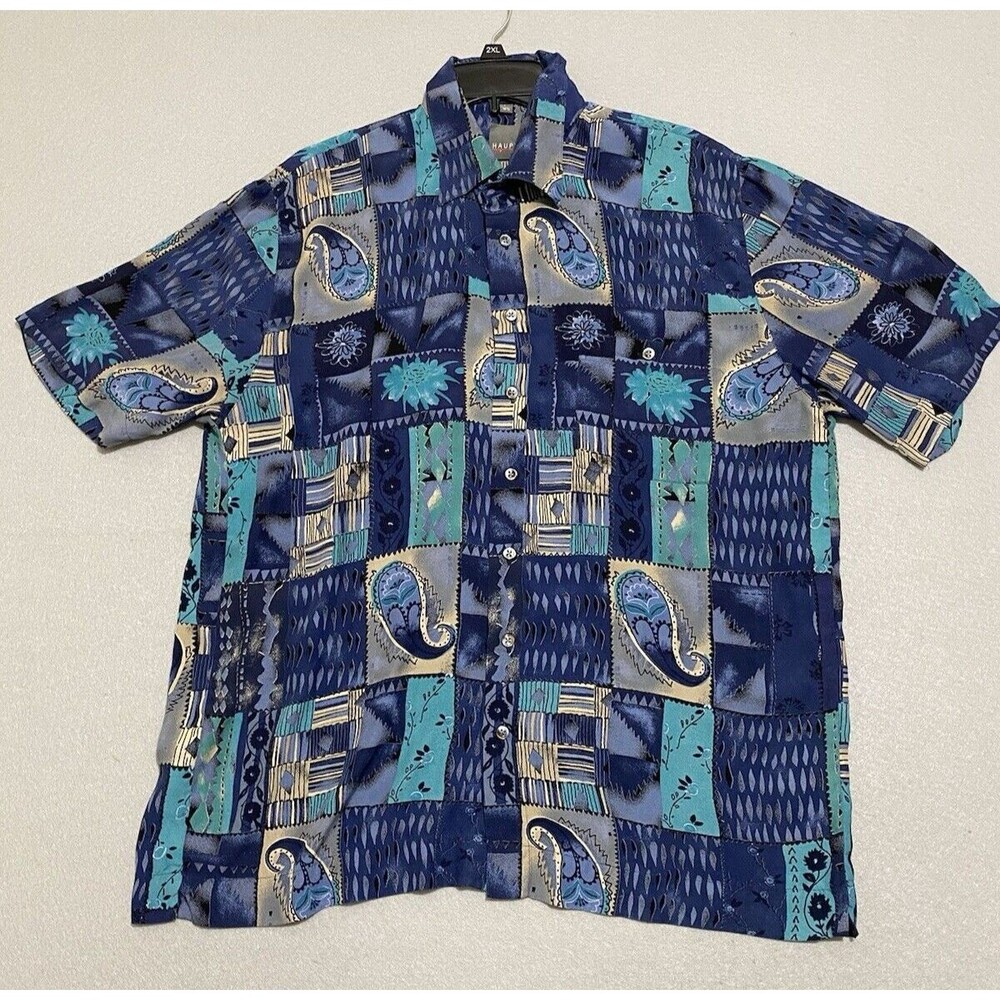 Vintage Haupt Shirt Mens L Blue Paisley Geo Abstract Lightweight Silky